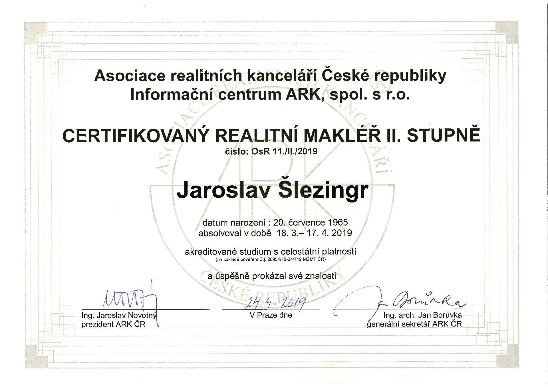 certifikát Jara