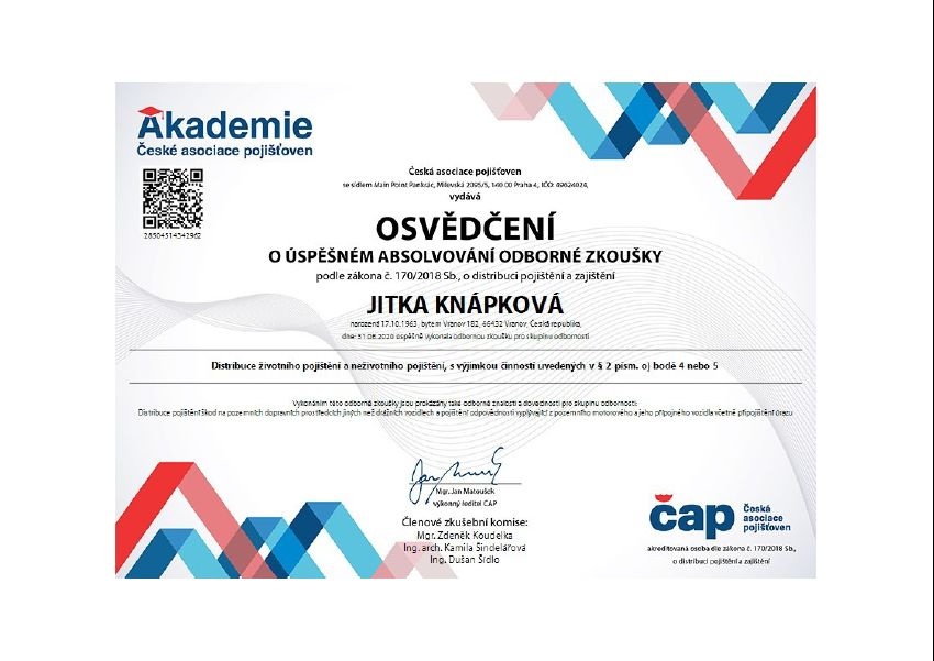 Jitka Knápková certifikát pojištění