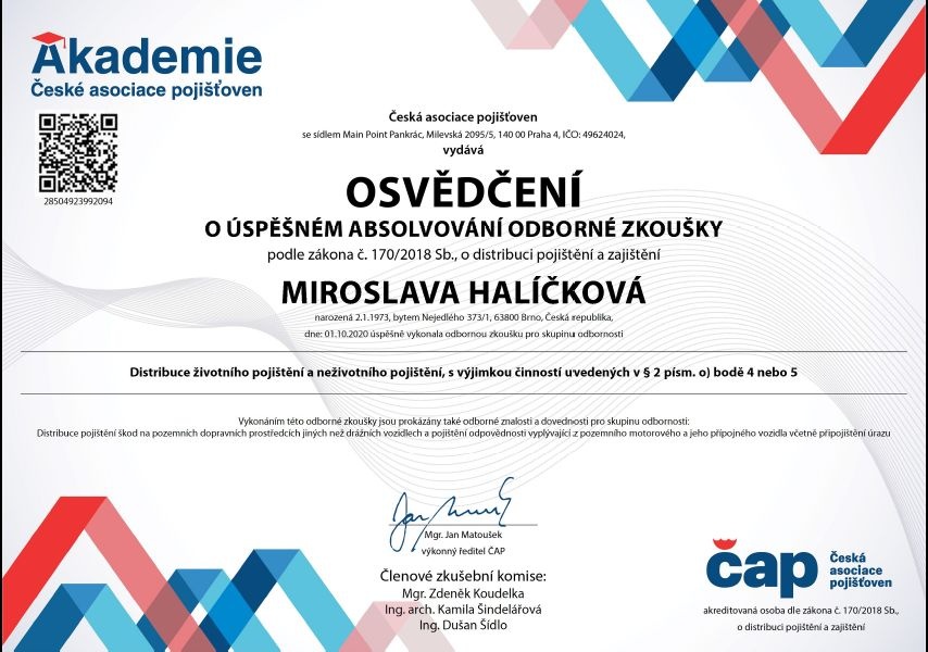 Mirka Halíčková certifikát pojištění
