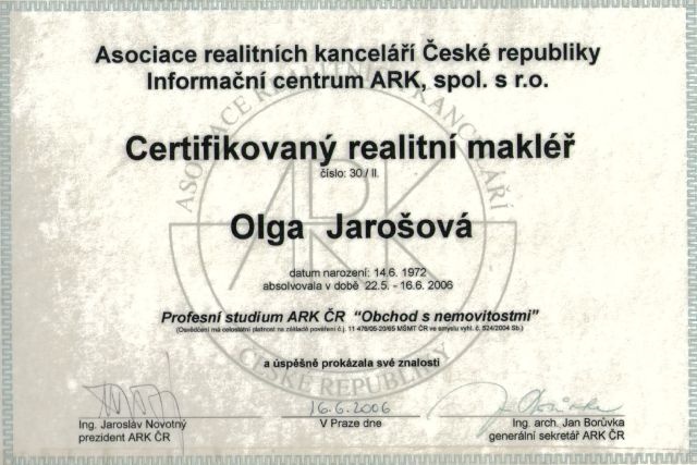 Olga Jarošová certifikace ARK