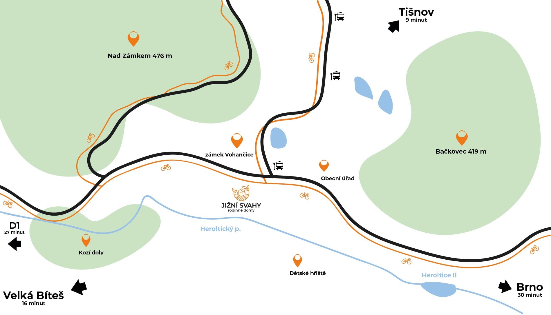 Mapa polohy projektu Jižní Svahy Vohančice v okolí Brna a Tišnova