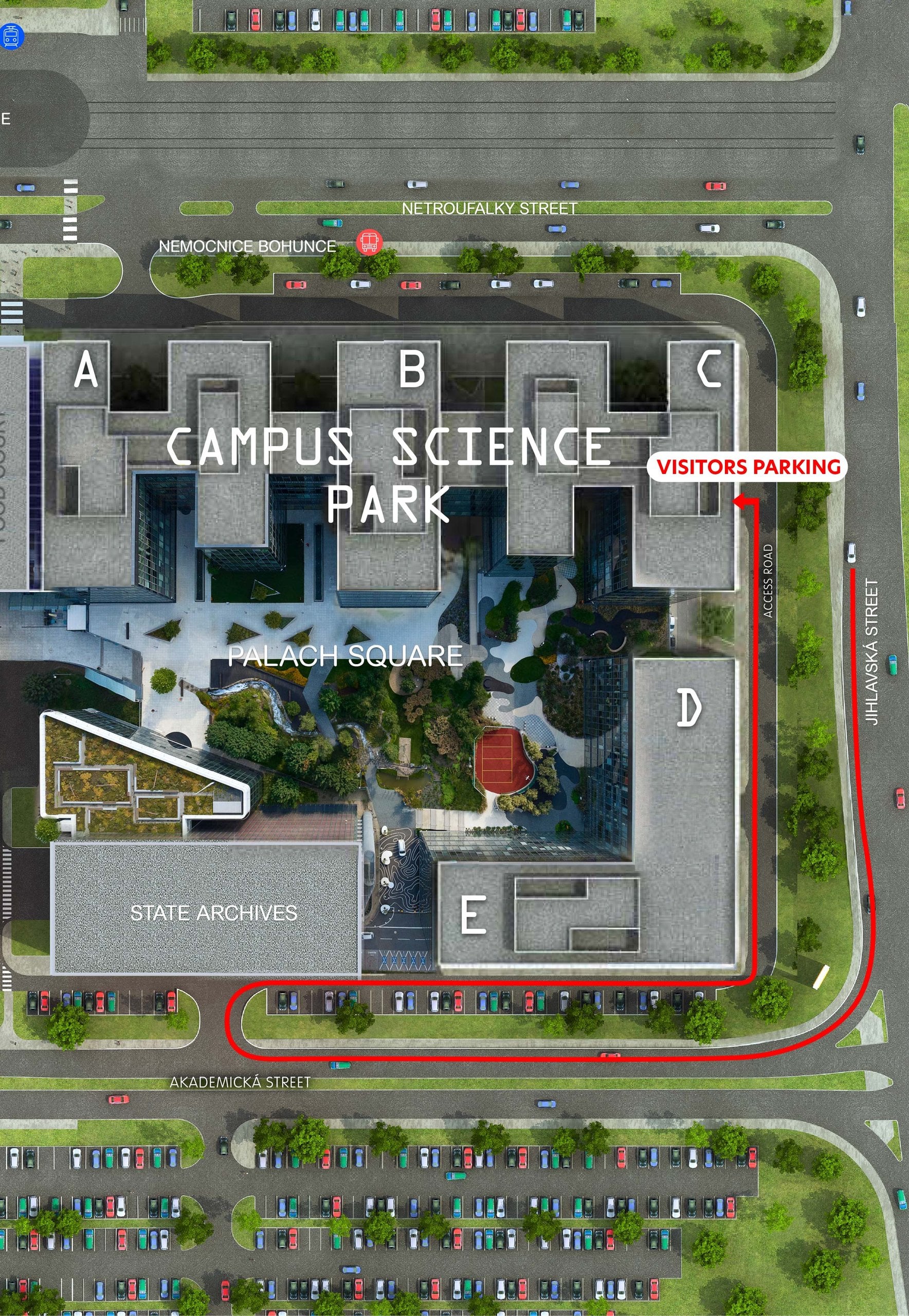 campus budovy v areálu a možnosti parkování